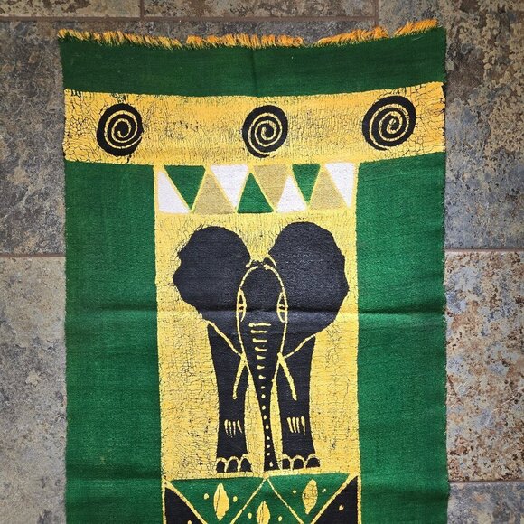 Handmade African Elephant Wall Hanging Green Yellow Black White Painted - Picture 2 of 5